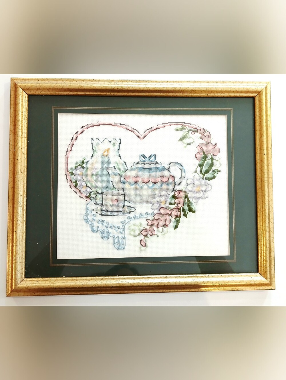 Vintage Framed Cross Stitch Tea Set Artwork in Pastel Colors